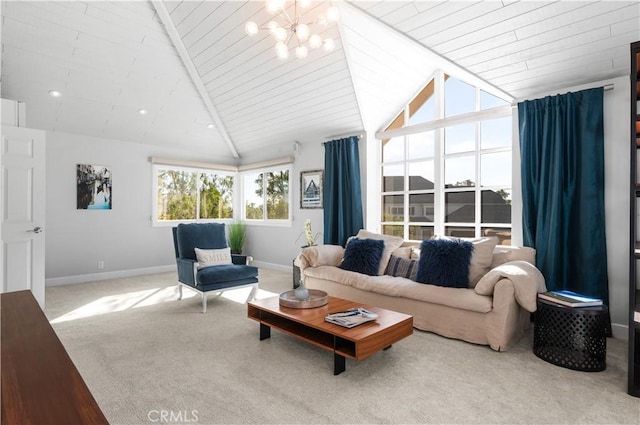 26356 Sorrell Pl, Laguna Hills, CA 92653 - carpeted living room with lofted ceiling, a chandelier, and wood ceiling