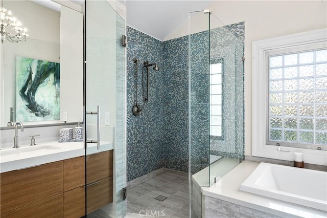 26356 Sorrell Pl, Laguna Hills, CA 92653 - bathroom featuring a bath, a stall shower, vanity, plenty of natural light, and lofted ceiling