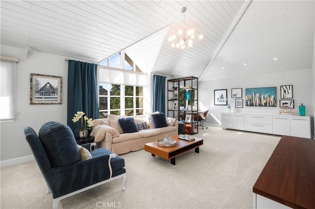 26356 Sorrell Pl, Laguna Hills, CA 92653 - carpeted living room with vaulted ceiling, a chandelier, and wooden ceiling