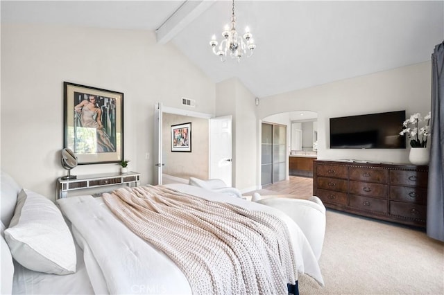 26356 Sorrell Pl, Laguna Hills, CA 92653 - bedroom featuring arched walkways, beam ceiling, a chandelier, high vaulted ceiling, and light colored carpet