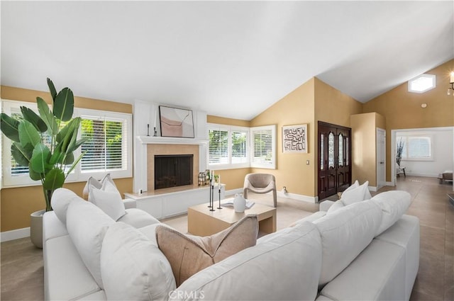 26356 Sorrell Pl, Laguna Hills, CA 92653 - living area featuring a fireplace with raised hearth and high vaulted ceiling