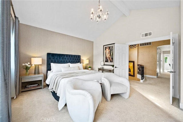 26356 Sorrell Pl, Laguna Hills, CA 92653 - bedroom with light colored carpet, a chandelier, beam ceiling, high vaulted ceiling, and arched walkways
