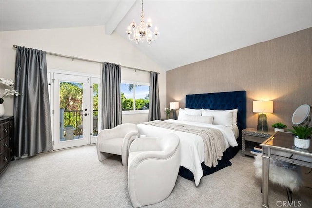 26356 Sorrell Pl, Laguna Hills, CA 92653 - bedroom with carpet flooring, a chandelier, access to outside, beamed ceiling, and high vaulted ceiling