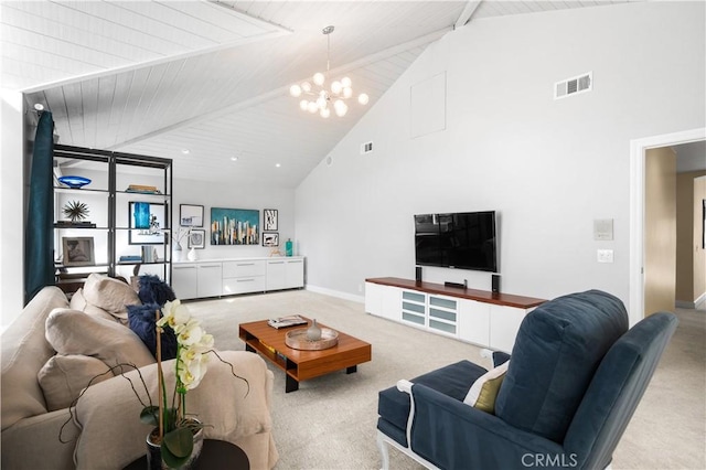 26356 Sorrell Pl, Laguna Hills, CA 92653 - carpeted living room with high vaulted ceiling, a chandelier, and a wooden ceiling with exposed beams