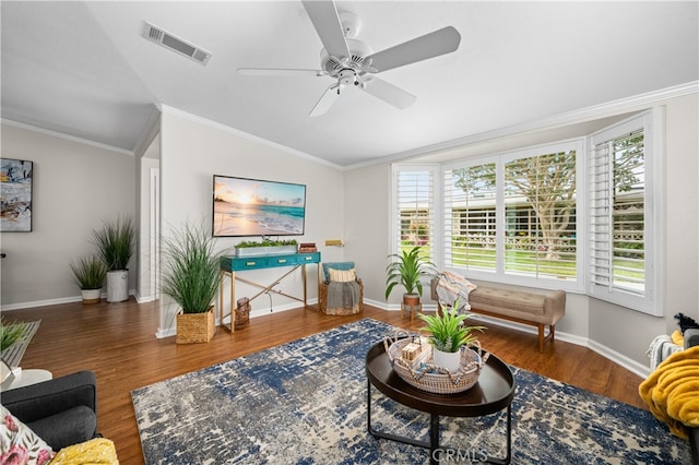 13311 Twin Hills Rd Unit 55H, Seal Beach, CA 90740 - living room featuring lofted ceiling, wood finished floors, a ceiling fan, and crown molding