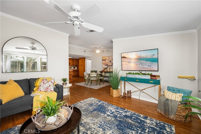 13311 Twin Hills Rd Unit 55H, Seal Beach, CA 90740 - living room featuring crown molding, wood finished floors, and ceiling fan