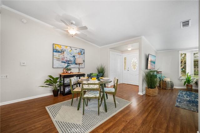 13311 Twin Hills Rd Unit 55H, Seal Beach, CA 90740 - dining space featuring vaulted ceiling, wood finished floors, a ceiling fan, and ornamental molding