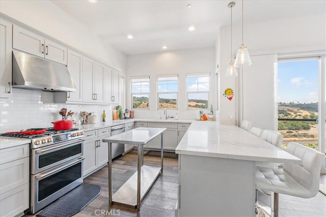 1009 Price Canyon Rd, Pismo Beach, CA 93449 - kitchen with under cabinet range hood, stainless steel appliances, a peninsula, a kitchen breakfast bar, and backsplash