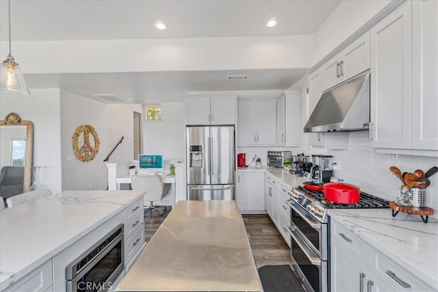 1009 Price Canyon Rd, Pismo Beach, CA 93449 - kitchen with appliances with stainless steel finishes, range hood, dark wood-style floors, tasteful backsplash, and white cabinets