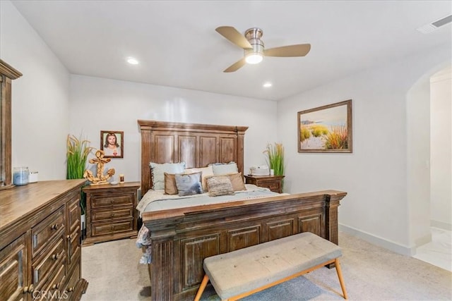 1009 Price Canyon Rd, Pismo Beach, CA 93449 - bedroom featuring light carpet, arched walkways, a ceiling fan, and recessed lighting