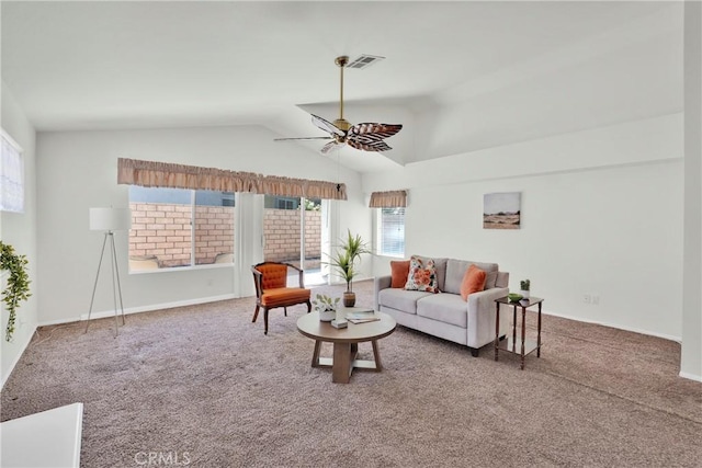 11246 Pleasant Hills Dr, Apple Valley, CA 92308 - living area featuring ceiling fan, carpet flooring, and vaulted ceiling