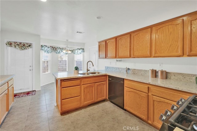 11246 Pleasant Hills Dr, Apple Valley, CA 92308 - kitchen featuring dishwasher, a peninsula, brown cabinetry, and light stone counters
