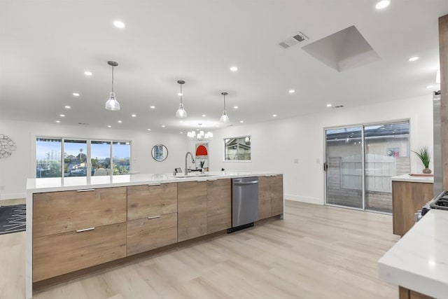 4143 Cole Way, San Diego, CA 92117 - kitchen featuring dishwasher, recessed lighting, modern cabinets, light wood-style flooring, and pendant lighting
