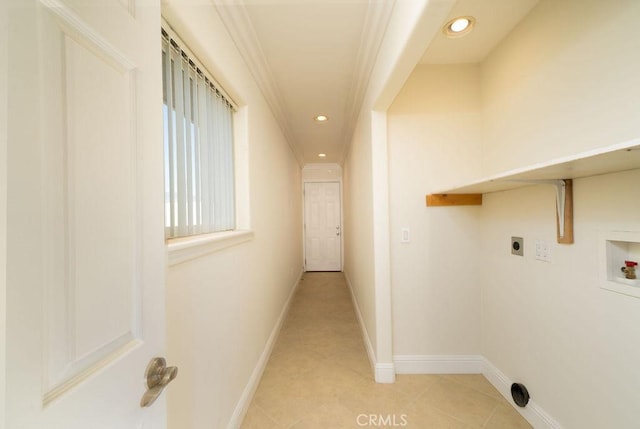 8851 Sonora Rd, Phelan, CA 92371 - laundry room featuring washer hookup, electric dryer hookup, crown molding, recessed lighting, and light tile patterned flooring