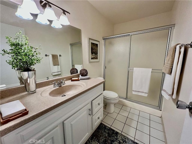 4242 Stansbury Ave Unit 203, Sherman Oaks, CA 91423 - full bath featuring vanity, a stall shower, tile patterned flooring, and a chandelier