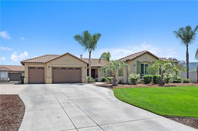 41798 Aviv Ct, Murrieta, CA 92562 - mediterranean / spanish home featuring an attached garage, stucco siding, concrete driveway, and a tiled roof