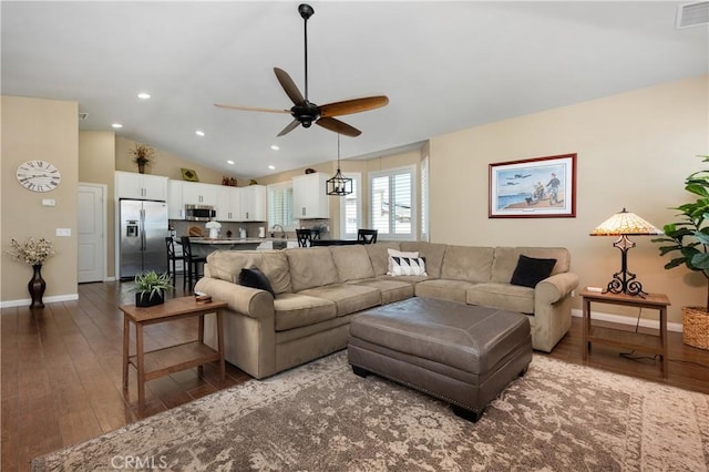 41798 Aviv Ct, Murrieta, CA 92562 - living room with ceiling fan, hardwood / wood-style floors, lofted ceiling, and recessed lighting