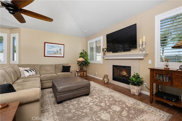 41798 Aviv Ct, Murrieta, CA 92562 - living area featuring wood finished floors, a tile fireplace, and a ceiling fan