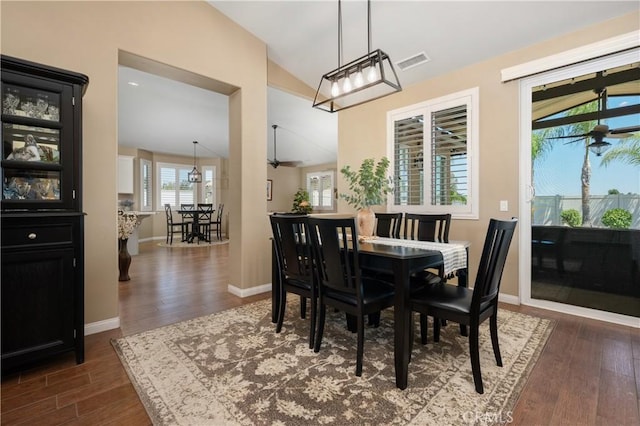 41798 Aviv Ct, Murrieta, CA 92562 - dining area with lofted ceiling, ceiling fan, and dark wood finished floors