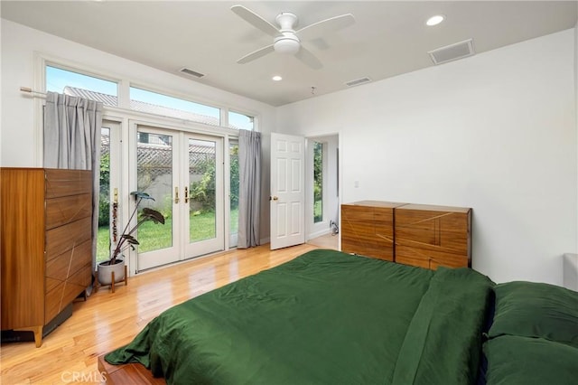 2911 Walker Lee Dr, Rossmoor, CA 90720 - bedroom featuring french doors, access to outside, light wood-style flooring, recessed lighting, and a ceiling fan