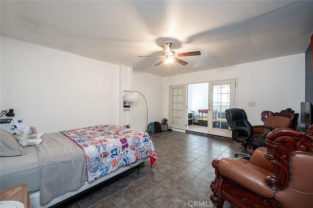 117 N Morada Ave, West Covina, CA 91790 - bedroom with access to exterior, a ceiling fan, and dark tile patterned floors