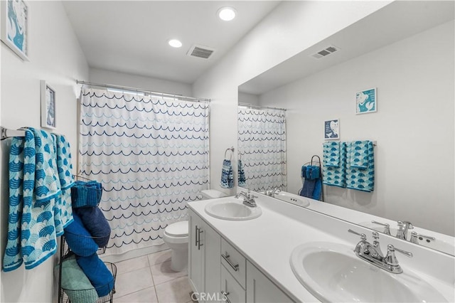 3558 Mt San Gorgonia Ave, Rosamond, CA 93560 - full bathroom with double vanity, tile patterned flooring, recessed lighting, and a shower with shower curtain