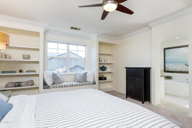 274 S Prospect Ave, Tustin, CA 92780 - bedroom featuring ornamental molding, light colored carpet, and a ceiling fan