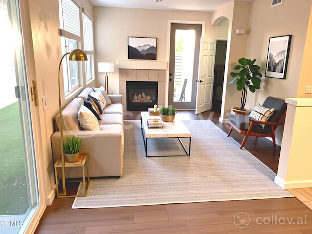 1123 Paseo Las Nubes, Oxnard, CA 93030 - living room featuring wood finished floors, a tile fireplace, and arched walkways