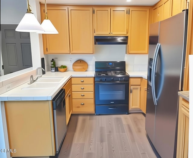 1123 Paseo Las Nubes, Oxnard, CA 93030 - kitchen featuring appliances with stainless steel finishes, under cabinet range hood, light countertops, light wood-type flooring, and a peninsula