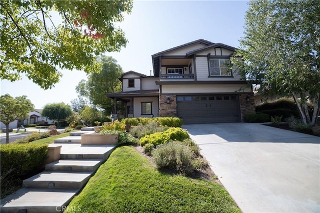 11776 Wickford Pl, Yucaipa, CA 92399 - craftsman-style house featuring a garage, a balcony, and driveway