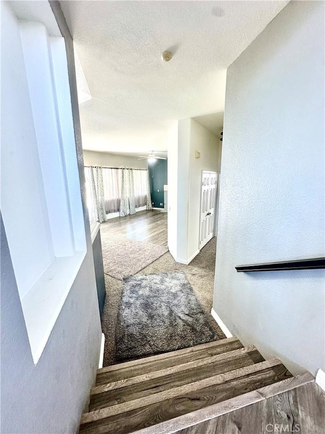 3415 Genoa Pl, Palmdale, CA 93551 - stairway featuring a textured ceiling, a ceiling fan, and carpet flooring