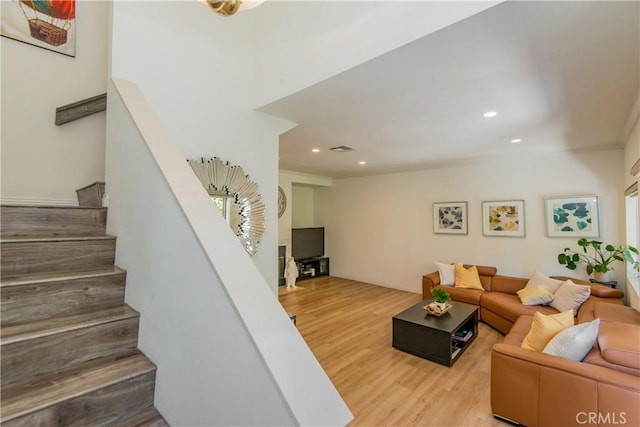 334 California St Unit D, Arcadia, CA 91006 - living room with wood finished floors, recessed lighting, and stairway
