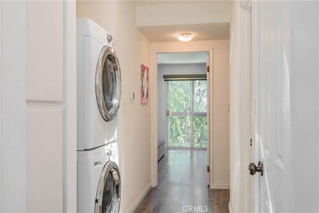 334 California St Unit D, Arcadia, CA 91006 - washroom featuring stacked washing machine and dryer and dark wood finished floors