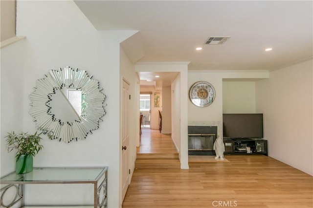 334 California St Unit D, Arcadia, CA 91006 - hallway featuring light wood-type flooring, recessed lighting, and ornamental molding