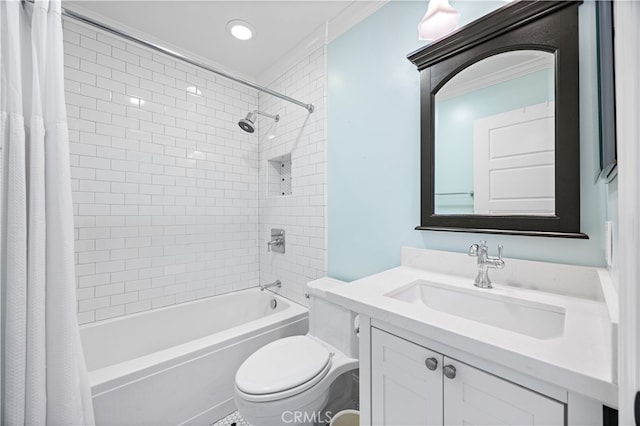 29426 Via Napoli Unit 121, Laguna Niguel, CA 92677 - full bathroom featuring vanity, shower / bath combo with shower curtain, and crown molding