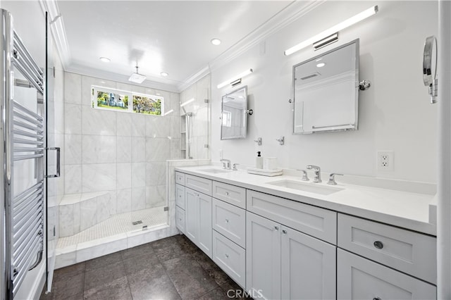 29426 Via Napoli Unit 121, Laguna Niguel, CA 92677 - full bath featuring double vanity, a shower stall, crown molding, and recessed lighting