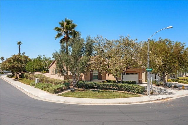 26135 Palm Breeze Ln, Menifee, CA 92586 - view of property hidden behind natural elements with an attached garage, driveway, and stucco siding