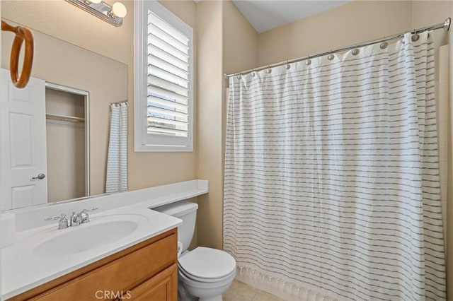 26135 Palm Breeze Ln, Menifee, CA 92586 - bathroom with vanity, plenty of natural light, tile patterned floors, and a shower with shower curtain