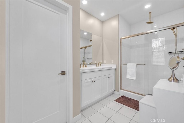 40 Riverton St, Phillips Ranch, CA 91766 - bathroom featuring a shower stall, vanity, tile patterned floors, and recessed lighting