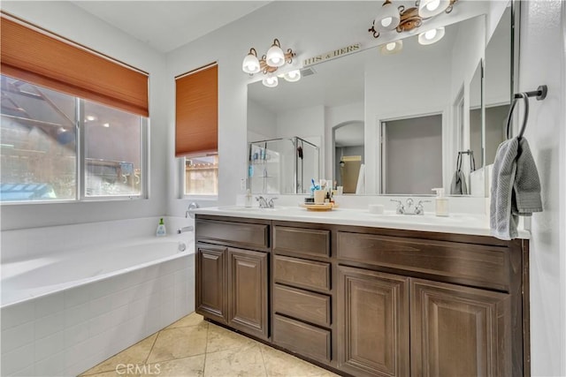3026 Neary Ct, Rosamond, CA 93560 - bathroom with double vanity, a bath, a stall shower, and tile patterned floors
