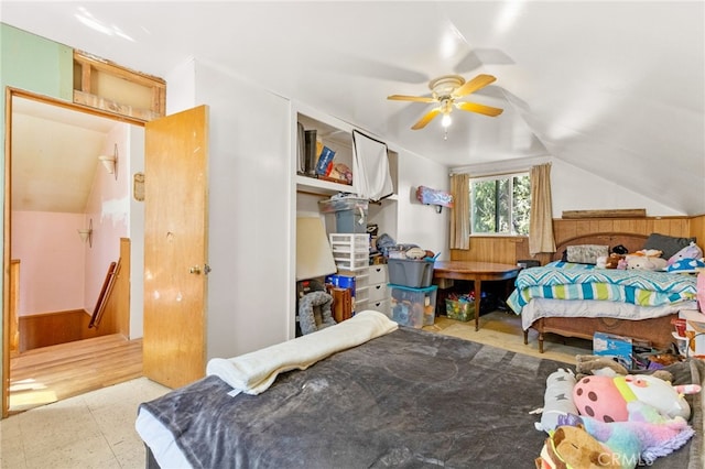 29239 Lake Brook Ave, Cedar Glen, CA 92321 - bedroom with lofted ceiling, tile patterned floors, and a ceiling fan