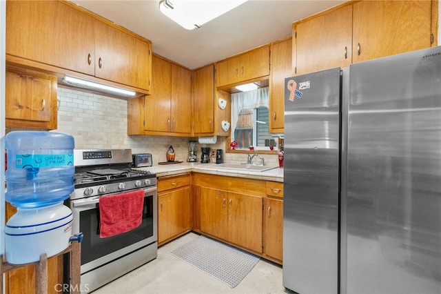 29239 Lake Brook Ave, Cedar Glen, CA 92321 - kitchen with appliances with stainless steel finishes, tasteful backsplash, tile countertops, and brown cabinetry