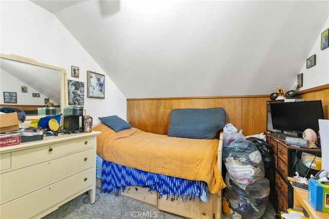 29239 Lake Brook Ave, Cedar Glen, CA 92321 - bedroom with lofted ceiling, carpet, and wooden walls