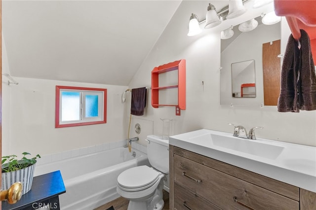 29239 Lake Brook Ave, Cedar Glen, CA 92321 - bathroom with vaulted ceiling, vanity, and washtub / shower combination