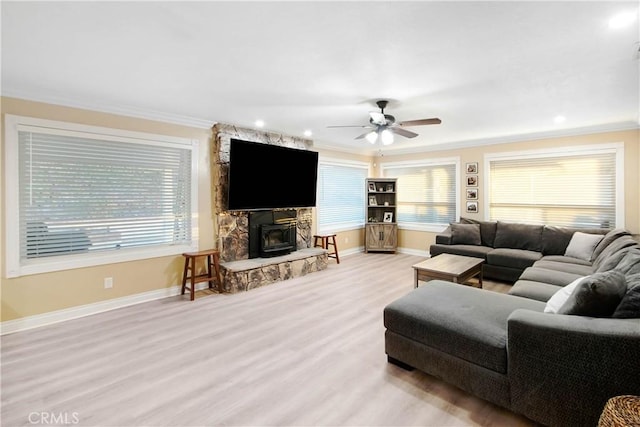 8555 Pigeon Pass Rd, Moreno Valley, CA 92557 - living room featuring ornamental molding, light wood-type flooring, ceiling fan, plenty of natural light, and recessed lighting