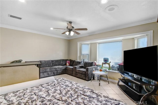 8555 Pigeon Pass Rd, Moreno Valley, CA 92557 - living area featuring crown molding, light tile patterned floors, a ceiling fan, and recessed lighting
