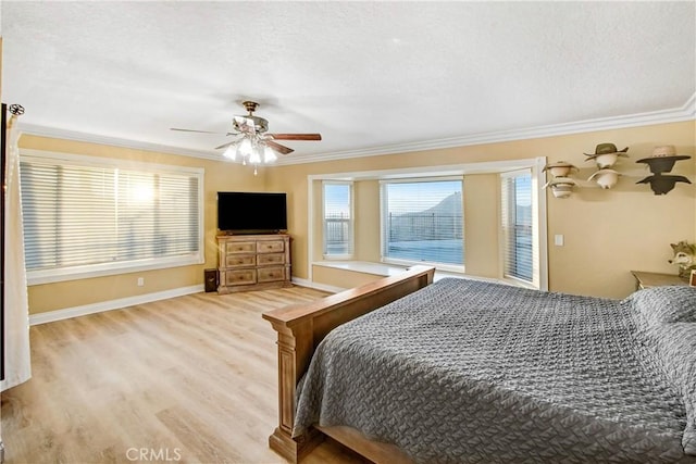 8555 Pigeon Pass Rd, Moreno Valley, CA 92557 - bedroom featuring ornamental molding, light wood-style flooring, ceiling fan, access to outside, and a textured ceiling
