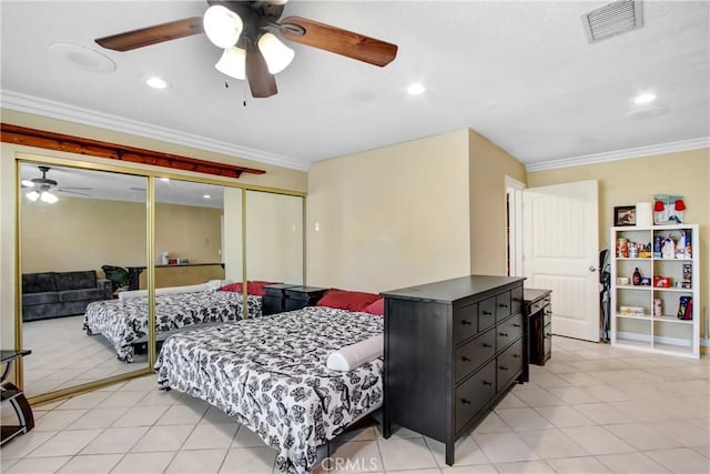 8555 Pigeon Pass Rd, Moreno Valley, CA 92557 - bedroom featuring crown molding, light tile patterned floors, a ceiling fan, recessed lighting, and a closet
