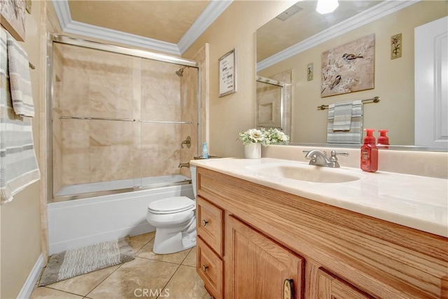 8555 Pigeon Pass Rd, Moreno Valley, CA 92557 - bathroom featuring vanity, ornamental molding, tile patterned floors, and shower / bath combination with glass door