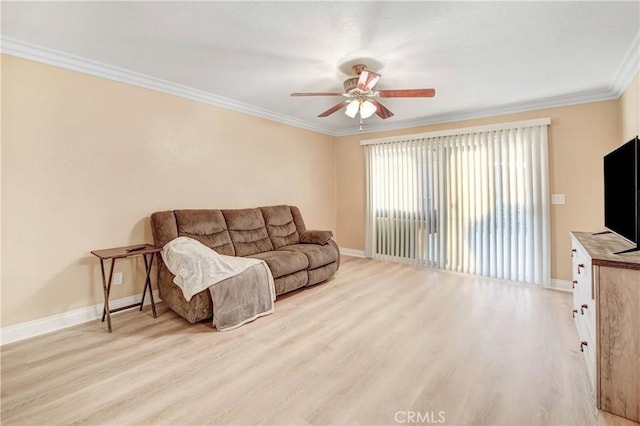 8555 Pigeon Pass Rd, Moreno Valley, CA 92557 - living room featuring ceiling fan, light wood-style floors, and ornamental molding